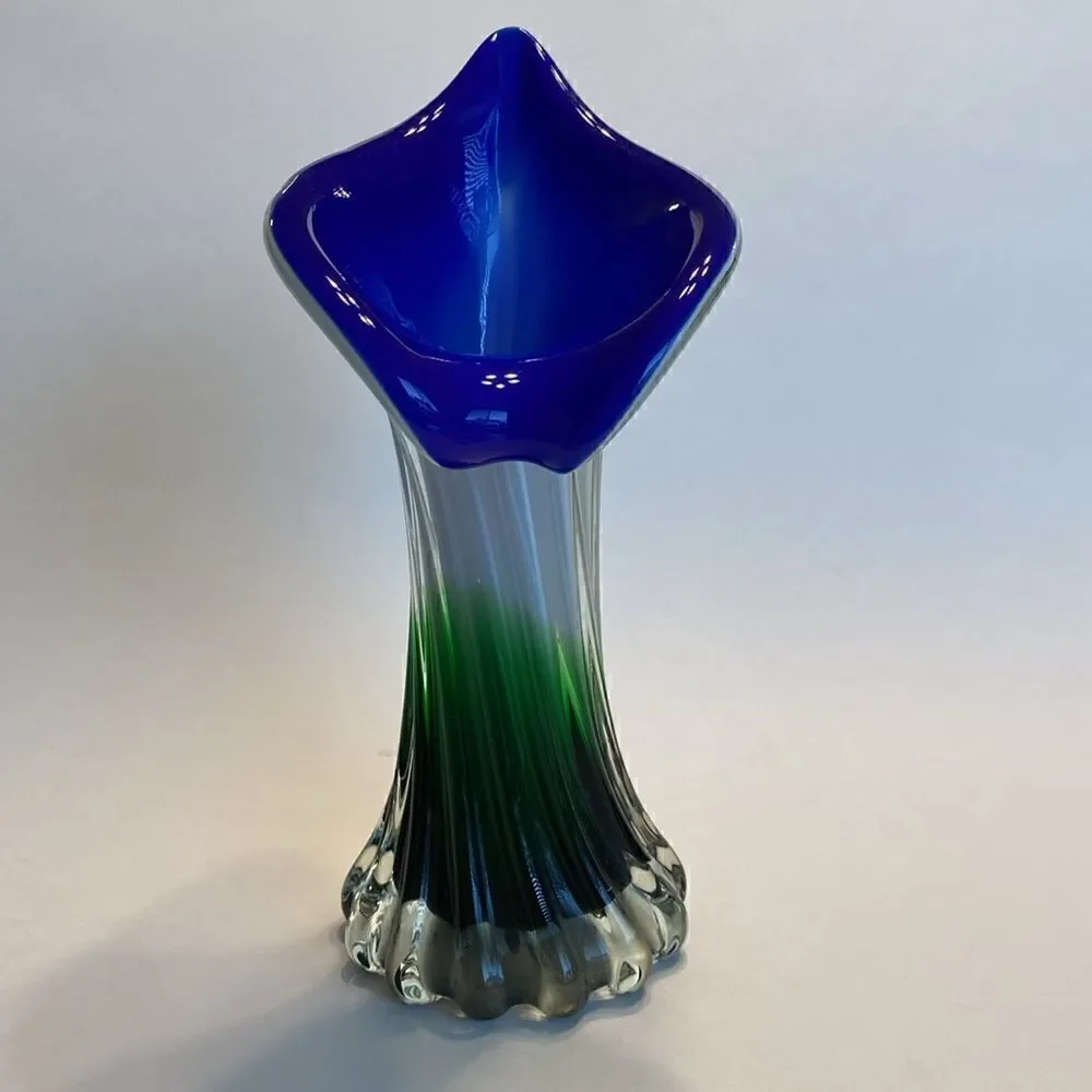 Hand Blown Art Glass Swirled Vase 8” Blue White Green